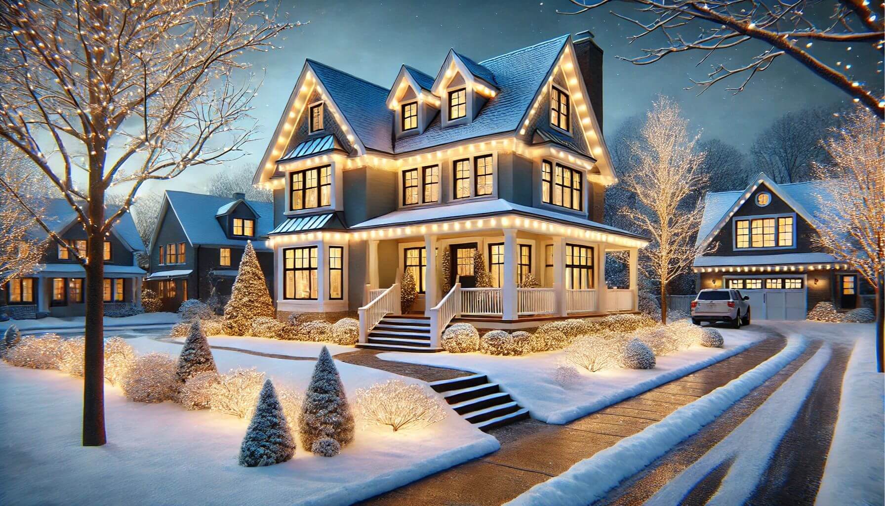 A brightly lit winter home showcasing energy-efficient lighting, surrounded by snow, highlighting tips for How Long Island Homeowners Can Lower Utility Bills during the winter season.