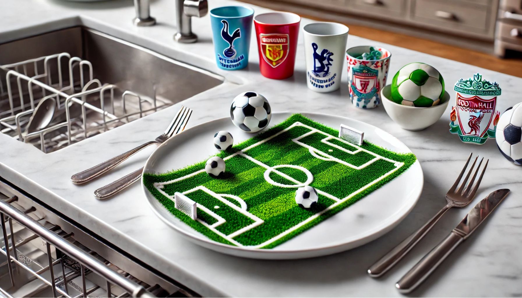 An artistic white dinner plate designed as a football field, surrounded by Tottenham blue-and-white and Liverpool red-and-white themed cups, mini football-shaped snacks, and clean utensils, symbolizing game-day cleanup convenience.